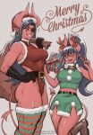  2girls ;d bare_arms bare_shoulders bell belt black_gloves black_hair black_sclera boots breasts brown_footwear buckle colored_sclera colored_skin commentary demon_girl demon_tail earrings english_commentary eyepatch fake_antlers fangs fur-trimmed_legwear fur-trimmed_skirt fur-trimmed_thighhighs fur_trim gift gloves green_skirt grey_background grin hand_on_own_hip hat heart heart-shaped_buckle highleg highleg_leotard highres horns iahfy jewelry jingle_bell large_breasts leotard long_hair looking_at_viewer merry_christmas midriff multiple_girls muscular muscular_female neck_bell one_eye_closed open_mouth original pointy_ears pom_pom_(clothes) ponytail red_leotard red_skin sack santa_hat simple_background skirt smile sparkle striped_clothes striped_thighhighs synth_(iahfy) tail tail_bell tail_ornament teeth thighhighs v yellow_eyes 