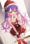  1girl bell belt black_belt breasts cleavage dress fur-trimmed_dress fur-trimmed_gloves fur_choker fur_trim gloves green_eyes hair_bell hair_ornament hairclip hat highres hololive jingle_bell_earrings long_hair purple_hair red_dress red_gloves red_thighhighs sa-ya2 santa_hat solo tears thighhighs tokoyami_towa v-shaped_eyebrows virtual_youtuber 