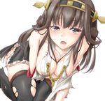  asahi_(ge_nyu) braid breast_hold breasts brown_eyes brown_hair cleavage close-up detached_sleeves hairband highres japanese_clothes kantai_collection kongou_(kantai_collection) medium_breasts open_mouth solo tears thighhighs torn_clothes 