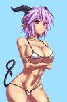  bikini breasts demon_girl highres horns large_breasts nishiumi_yuuta original pointy_ears purple_hair red_eyes short_hair solo swimsuit tail 