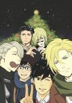  6+boys :p ^_^ ash_lynx banana_fish black_hair blonde_hair blue-framed_eyewear brown_eyes christmas christmas_tree closed_eyes company_connection crossover eyes_closed glasses green_eyes hat heart heart-shaped_mouth heart_hands heart_hands_duo highres katsuki_yuuri male_focus multiple_boys nogami_daisuke okumura_eiji one_eye_closed open_mouth otabek_altin scarf silver_hair smile sunglasses tongue tongue_out v viktor_nikiforov yuri!!!_on_ice yuri_plisetsky 