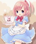  artist_name blue_eyes blush cup earrings frills jewelry maid minigirl miriry open_mouth phantasy_star phantasy_star_online_2 pink_hair pointy_ears pure_maid_dress rappy side_ponytail solo teacup wrist_cuffs 