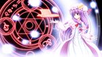  bangs book bow crescent dress hair_bow highres magic magic_circle open_book patchouli_knowledge purple_eyes purple_hair sakakikami_souna solo touhou wallpaper 