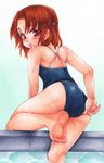  ass barefoot brown_hair competition_school_swimsuit one-piece_swimsuit original red_eyes school_swimsuit shira_(kunseitamago) short_hair swimsuit wet 