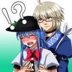  1boy 1girl ahoge blue_background blue_hair blush bow choker closed_eyes eyelashes flat_chest flat_chest_grab glasses grabbing gradient gradient_background groping hat hetero hinanawi_tenshi leaf long_hair morichika_rinnosuke puffy_sleeves sakurai_toki short_sleeves silver_hair sweatdrop touhou wavy_mouth yellow_eyes 