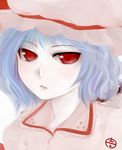  face hat itsukage lavender_hair open_mouth parted_lips red_eyes remilia_scarlet solo touhou 