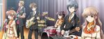  3boys 3girls blue_eyes brown_eyes brown_hair drum drums eyes_closed game_cg glasses green_eyes guitar hair_ornament highres instrument isurugi_chie kashiwara_sarina katakura_shinji kira_kira maejima_shikanosuke multiple_boys multiple_girls murakami orange_eyes purple_hair pussy shiino_kirari side_ponytail tonoya_kenta 