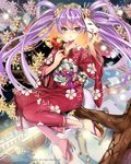  anklet blue_eyes branch bug butterfly dino_(trexsilence) festival fox_mask hair_ornament insect japanese_clothes jewelry kimono long_hair mask original purple_hair sandals smile solo tail tenkuu_no_crystalia tree twintails 