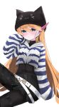  1girl abs absurdres alternate_costume alternate_hairstyle animal_hat beanie belt blonde_hair blue_eyes blush bodystocking breasts cat_hat ciel_(mega_man) commission commissioner_upload eyelashes fauron714 hat highres hood hood_down hooded_sweater hoodie long_hair long_sleeves looking_at_viewer mechanical_ears mega_man_(series) mega_man_zero_(series) non-web_source sleeves_past_fingers sleeves_past_wrists small_breasts striped_clothes sweater thigh_strap thighs transparent_background 