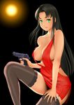  areola_slip areolae black_hair breasts covered_nipples dress evening_gown garter_straps green_eyes gun handgun highres large_breasts long_hair original permanentshadow pistol sideboob simple_background solo thighhighs weapon 