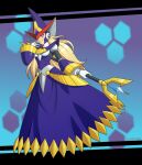  1girl arm_up armor armored_dress armored_gloves artist_request berkana_(mega_man) blonde_hair blue_dress blue_eyes blue_hat breasts chest_jewel dress earphones glasses gloves hat helmet highres holding holding_staff joints long_dress long_hair looking_at_viewer mechanical_arms mega_man_(series) mega_man_x_(series) mega_man_xtreme mega_man_xtreme_2 mrlucke09 robot robot_girl robot_joints shoulder_armor smile solo staff white_gloves witch witch_hat 