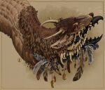 adooke1 ambiguous_gender american_mythology animal_skin antlers avian beak bird black_body black_feathers cervine corvid deer disguise feathers feral fetish fur hi_res horn hybrid indigenous indigenous_north_american_mythology mammal monster mythology north_american_mythology open_mouth oscine passerine sharp_teeth simple_background solo teeth trinkets