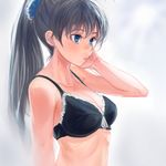  black_hair blue_eyes blush bra breasts bukimi_isan cleavage earrings ganaha_hibiki idolmaster idolmaster_(classic) jewelry large_breasts lips long_hair ponytail solo sweat underwear upper_body 