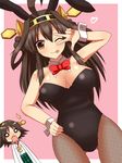  2girls ;) ;p animal_ears bad_id bad_pixiv_id bow bowtie breasts brown_eyes brown_hair bunny_ears bunnysuit cleavage detached_collar fishnet_pantyhose fishnets hairband haniwagi_(hal) hiei_(kantai_collection) kantai_collection kongou_(kantai_collection) large_breasts long_hair multiple_girls o_o one_eye_closed pantyhose rectangular_mouth smile tongue tongue_out v_over_eye wrist_cuffs 
