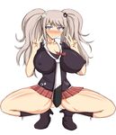  1girl blue_eyes boots breasts covered_nipples danganronpa danganronpa_1 double_v enoshima_junko erect_nipples female hair_ornament huge_breasts kneehighs long_hair long_twintails miniskirt musuka_(muska) school_uniform silver_hair simple_background skirt solo squatting thighs twintails v white_background 