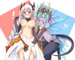  &gt;_&lt; :d animal_ears aqua_hair assisted_exposure bare_shoulders blue_wings blush body_blush braid breasts closed_eyes demon_girl detached_collar elbow_gloves fang gloves grey_hair hellice_frost_demon_(p&amp;d) ice ice_wings kurokage light_valkyrie_(p&amp;d) long_hair medium_breasts multiple_girls navel nipples open_mouth purple_eyes puzzle_&amp;_dragons shirt_pull smile succubus tail tiara twin_braids valkyrie valkyrie_(p&amp;d) very_long_hair wings xd 