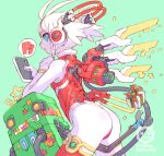  1girl ass blue_eyes cellphone christmas cowboy_shot from_behind green_background highres holding holding_phone leotard mechanical_wings nakayama_tooru original phone red_leotard robot robot_girl short_hair simple_background smartphone solo sound_effects thrusters white_hair wings 