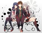  2girls blue_hair braid brown_hair closed_eyes crossed_arms danganronpa danganronpa_1 gloves green_eyes grey_hair highres jacket kirigiri_kyouko leaning_on_person maizono_sayaka mary_janes multiple_girls naegi_makoto necktie red_eyes ribbon shoes zubora_na_kintoki 