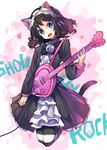  animal_ears black_hair blue_eyes cat_ears cat_tail copyright_name cyan_(show_by_rock!!) fang guitar hairband heart_guitar instrument looking_at_viewer pantyhose short_hair show_by_rock!! smile solo strawberry_heart striped striped_legwear tail ukyo_rst 