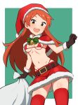  1girl bell belt belt_buckle bikini blush border breasts brown_belt brown_gloves buckle cape cleavage cowboy_shot dot_nose fur-trimmed_cape fur-trimmed_gloves fur_trim gloves green_background green_ribbon groin hat highres holding holding_sack idolmaster idolmaster_million_live! idolmaster_million_live!_theater_days long_hair looking_at_viewer medium_breasts micro_bikini miniskirt navel neck_bell nejime_(nejimeinu) ogami_tamaki open_mouth orange_eyes orange_hair outside_border parted_bangs red_bikini red_cape red_hair red_thighhighs ribbon sack santa_bikini santa_costume santa_hat sidelocks skirt solo swimsuit teeth thighhighs upper_teeth_only very_long_hair white_border zettai_ryouiki 