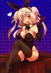  animal_ears blonde_hair bow bowtie breasts bunny_ears bunny_tail bunnysuit card cleavage detached_collar elsie-san_(oshiruko) fang gloves large_breasts long_hair one_eye_closed original oshiruko_(tsume) red_eyes solo tail thighhighs twintails 