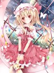  blonde_hair blush bow bug butterfly dress flandre_scarlet full_moon hat head_tilt holding insect long_hair mob_cap moon night nogi_takayoshi pantyhose red_eyes short_sleeves side_ponytail solo stuffed_animal stuffed_bunny stuffed_toy touhou wings wrist_cuffs 