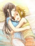  akiyama_mio bed black_eyes black_hair brown_eyes brown_hair casual fukutarou_(enji127) happy hug k-on! long_hair lying multiple_girls on_side one_eye_closed pillow short_hair tainaka_ritsu yuri 