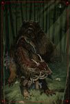 adooke1 ambiguous_gender american_mythology animal_skin antlers avian beak bear bird brown_body brown_fur canid canine cervine chimera claws corvid darkness deer disguise feathers feral fetish forest fur glowing glowing_eyes hi_res horn indigenous indigenous_north_american_mythology mammal monster multi_head multilimb mythology north_american_mythology open_mouth oscine outside passerine plant red_eyes solo teeth totem totem_pole tree trinkets