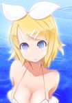  alternate_breast_size bikini blonde_hair blue_eyes blush breasts cleavage collarbone hair_ribbon highres huge_breasts kagamine_rin looking_at_viewer open_mouth pon_(shind_997) ribbon short_hair solo swimsuit upper_body vocaloid white_bikini 