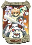  armor baal_(grandia) belt brown_hair cape copyright_name grandia grandia_i green_hair imui magic_knight_rayearth mio_(grandia) mokona multiple_girls nana_(grandia) parody purple_hair saki_(grandia) style_parody 