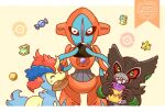  black_sclera closed_eyes colored_sclera commentary dated deoxys deoxys_(normal) elixir fangs food full_restore_(pokemon) highres holding holding_food keldeo keldeo_(ordinary) max_revive mouth_hold nugget_(pokemon) oawa_oo onigiri open_mouth pikachu pokemon pokemon_(creature) rare_candy red_sclera sweet_potato symbol-only_commentary twitter_username unicorn zarude 