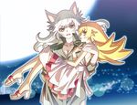  animal_ears black_hanekawa blonde_hair breasts carrying cat_ears cleavage dress feet hanekawa_tsubasa long_hair medium_breasts monogatari_(series) multiple_girls nyoro_(nyoronyoro000) oshino_shinobu pointy_ears princess_carry sandals white_hair yellow_eyes 