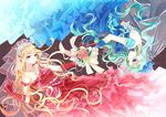  aqua_hair blonde_hair blue_dress blue_eyes bouquet dress flower gloves hairband hat jewelry long_hair multiple_girls necklace nekozuki_yuki original pearl_necklace red_dress red_eyes rose strapless strapless_dress veil very_long_hair 