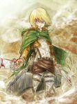  armin_arlert belt blonde_hair blood blue_eyes boots buckle cape hood long_sleeves male_focus military military_uniform paradis_military_uniform shingeki_no_kyojin shouta_(shbz) smoke solo sword thigh_strap three-dimensional_maneuver_gear uniform weapon 