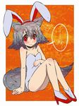  animal_ears blush breasts bunny_ears bunnysuit cleavage grey_hair heikouidou_(seraeno) inubashiri_momiji red_eyes sitting small_breasts solo tail touhou wavy_mouth wolf_ears wolf_tail 