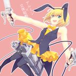  :d animal_ears armin_arlert ataka_takeru bad_id bad_pixiv_id bare_shoulders black_legwear blonde_hair blue_eyes bow bowtie bunny_boy bunny_ears bunnysuit crossdressing detached_collar dual_wielding fake_animal_ears holding male_focus open_mouth pantyhose shingeki_no_kyojin skirt smile solo sword thigh_strap three-dimensional_maneuver_gear usamin weapon 