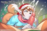  2018 adrian_iliovici anthro anthro_on_anthro blue_eyes bottomless butt canine christmas clothed clothing cum cumshot duo ejaculation erection fox hat holidays male male/male mammal milo_stefferson mustelid oral orgasm otter penis santa_hat solo_focus tokifuji 