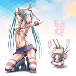  &gt;_&lt; 1girl aqua_hair armpits arms_up bare_shoulders black_panties blush boots breasts closed_eyes cosplay elbow_gloves g-string gloves grey_footwear hatsune_miku highleg highleg_panties kantai_collection lifebuoy long_hair navel panties purple_eyes rensouhou-chan shimakaze_(kantai_collection) shimakaze_(kantai_collection)_(cosplay) skirt small_breasts solo striped striped_legwear tears thighhighs thong torn_clothes translated triangle_mouth twintails underwear very_long_hair vocaloid white_gloves wokada 