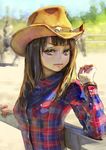  against_fence aro_(charged_time_out) bad_id bad_pixiv_id blue_eyes bracelet brown_hair cowboy_hat fence hat jewelry lips long_hair looking_at_viewer original plaid plaid_shirt shirt sketch solo upper_body 