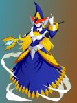  1girl arm_up armor armored_dress armored_gloves artist_request berkana_(mega_man) blonde_hair blue_dress blue_eyes blue_hat breasts chest_jewel dress earphones glasses gloves hat helmet highres holding holding_staff joints long_dress long_hair looking_at_viewer mechanical_arms mega_man_(series) mega_man_x_(series) mega_man_xtreme mega_man_xtreme_2 mrlucke09 robot robot_girl robot_joints shoulder_armor smile solo staff white_gloves witch witch_hat 