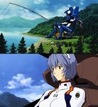  ayanami_rei blue_hair eva_00 fishing mecha neon_genesis_evangelion plugsuit red_eyes sky tree trees 