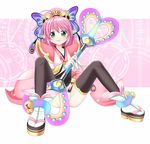  bell butterfly_hair_ornament crown green_eyes hair_ornament hat highres jingle_bell panties phantasy_star phantasy_star_online_2 pink_hair platform_footwear pointy_ears sakakikami_souna sandals smile solo tabi thighhighs tsukino_yuzuriha underwear wand 