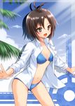  :d antenna_hair bikini bikini_under_clothes black_eyes black_hair blue_bikini day dress_shirt fujishima_shinnosuke highres idolmaster idolmaster_(classic) kikuchi_makoto open_clothes open_mouth open_shirt shirt short_hair sky smile solo swimsuit swimsuit_under_clothes 