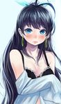  ahoge black_hair blue_eyes blush bra breasts bukimi_isan cleavage dressing earrings full-face_blush ganaha_hibiki highres hoop_earrings idolmaster idolmaster_(classic) jewelry lips long_hair medium_breasts ponytail solo sweatdrop underwear 