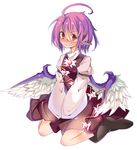  ahoge annoyed blush boots buckle clenched_teeth full-face_blush full_body highres mystia_lorelei pink_hair red_eyes rurisakura short_hair sitting sleeves_past_wrists solo tears teeth touhou v_arms wariza white_background wide_sleeves wings 