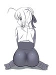 ahoge artoria_pendragon_(all) ass blush fate/stay_night fate_(series) from_behind hair_ribbon long_sleeves looking_back pantyhose ribbon saber sitting skirt skylader smile solo wariza 