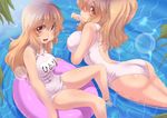  ass blonde_hair brown_eyes dual_persona hijiri_byakuren impossible_clothes impossible_swimsuit innertube long_hair multiple_girls one-piece_swimsuit school_swimsuit suikamaru swimsuit touhou white_school_swimsuit white_swimsuit 