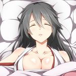  bad_id bad_pixiv_id black_hair blanket blush breasts cleavage closed_eyes haruna_(kantai_collection) highres japanese_clothes kantai_collection large_breasts long_hair lying on_back open_mouth pillow shinsono_shiroko sleeping solo 