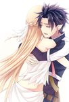  1girl asuna_(sao) black_hair brown_hair closed_eyes couple hetero hug kirito kirito_(sao-alo) long_hair misuzu_(iridescence) pointy_ears short_hair spiked_hair sword_art_online titania_(sao) 