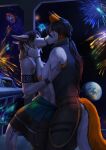 2024 5_fingers anthro anthro_on_anthro arm_tattoo black_hair black_nose breasts canid canine canis clothed clothing cybernetics cyborg detailed_background digital_media_(artwork) duo earth elvofirida eyes_closed female fingers fireworks fish fox fur grey_body grey_skin hair hi_res humanoid_hands hybrid intimate kamikaze_otium kiss_on_lips kissing laguna_silverjaw machine male mammal marine multicolored_body multicolored_fur night orange_body orange_fur outside planet romantic romantic_ambiance romantic_couple shark space star tail tail_tattoo tattoo two_tone_body two_tone_fur wolf